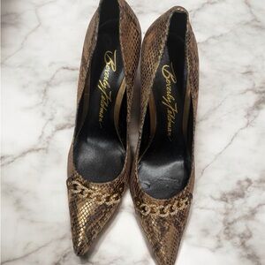 Beverly Feldman Tan Snake Print Heels